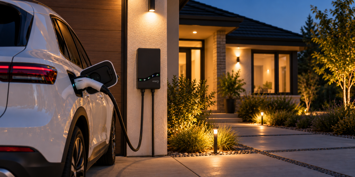 Electric vehicle plugged into a home EV charger at night