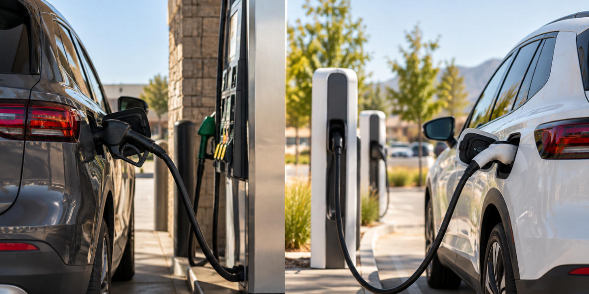 Gas-powered vehicle at a fuel pump compared with an electric vehicle at a public charging station