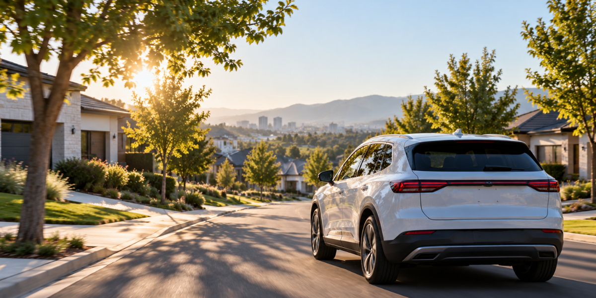 Electric vehicle driving through a residential neighborhood during a morning commute