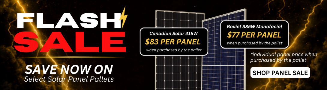 Solar panel flash sale showing solar panels and lightning. Shop panel flash sale now!