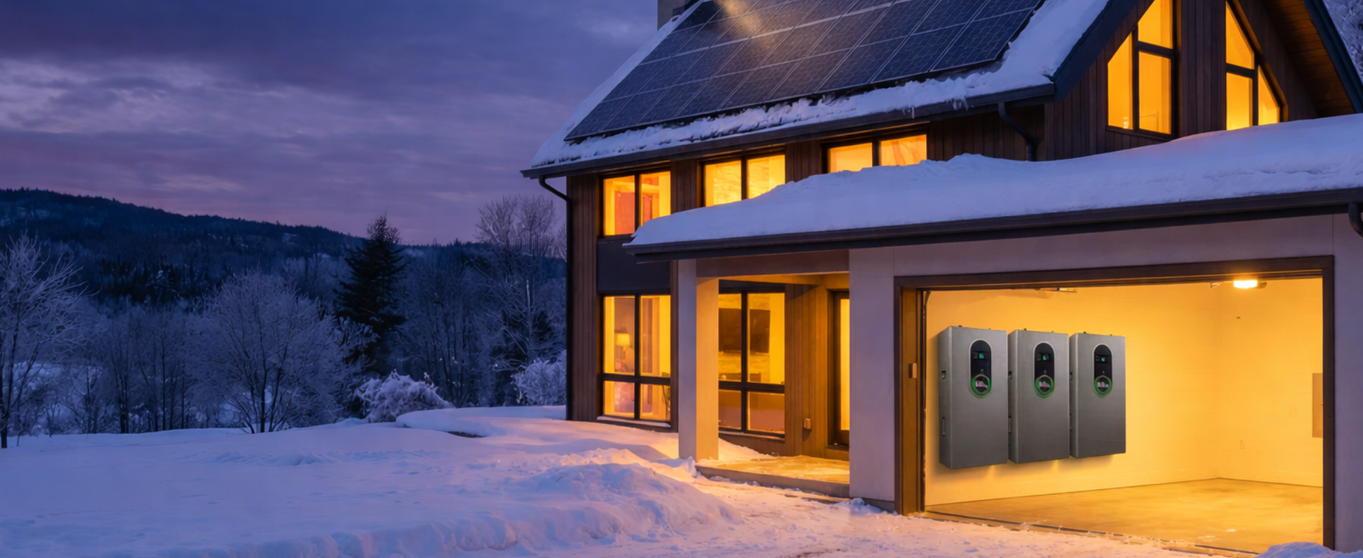 EG4 Indoor Batteries mounted on garage wall in house at night with lights on