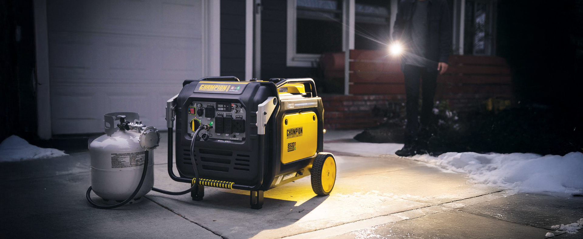 Champion generator in driveway with flashlight behind