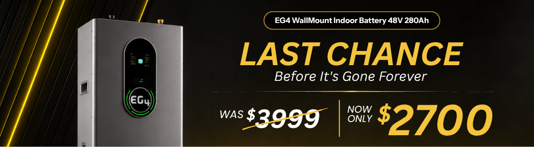 Last chance to own the EG4 WallMount Indoor Battery 280ah. Back for a limited time. Showing battery on stand with new low price $2,700. Shop now!