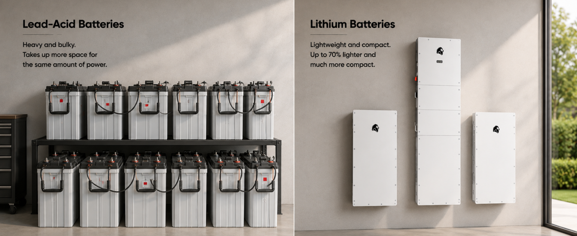 Infographic showing how lithium batteries are more compact than lead-acid batteries