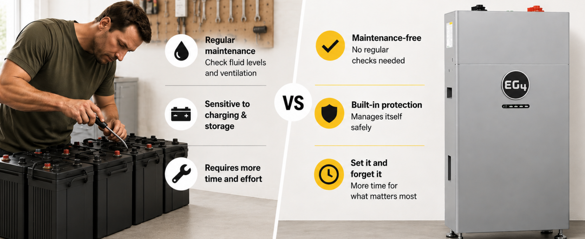 Infographic showing maintenance difference between lead-acid and lithium batteries