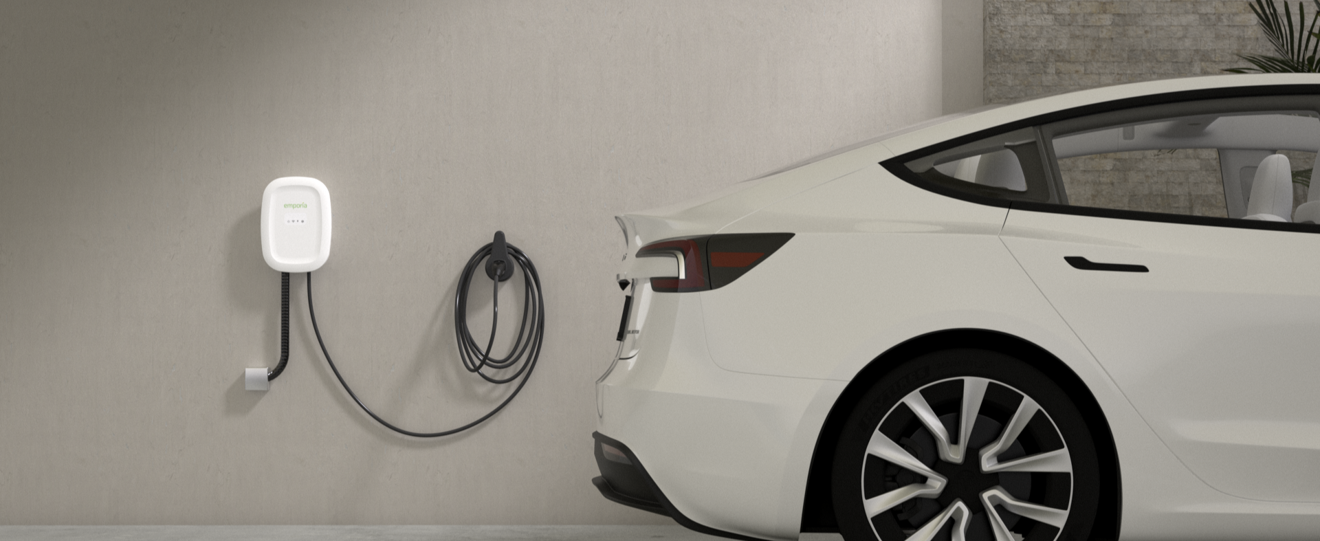 Emporia EV charger charging electric vehicle in garage