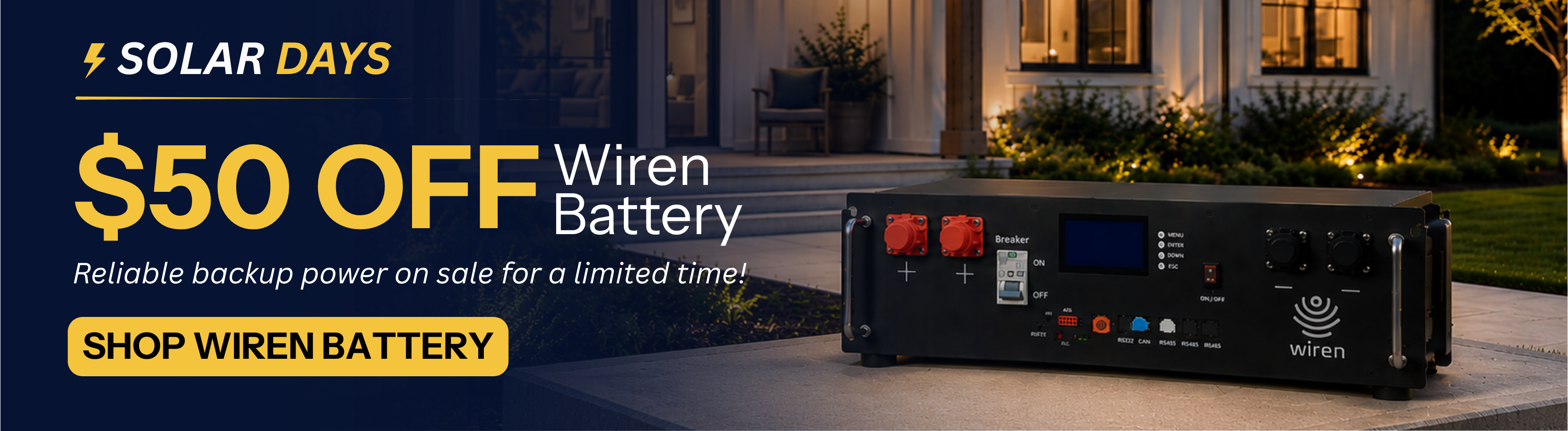 $50 off the Wiren Battery for a limited time only during Solar Days Sale! Shop the Wiren battery now.