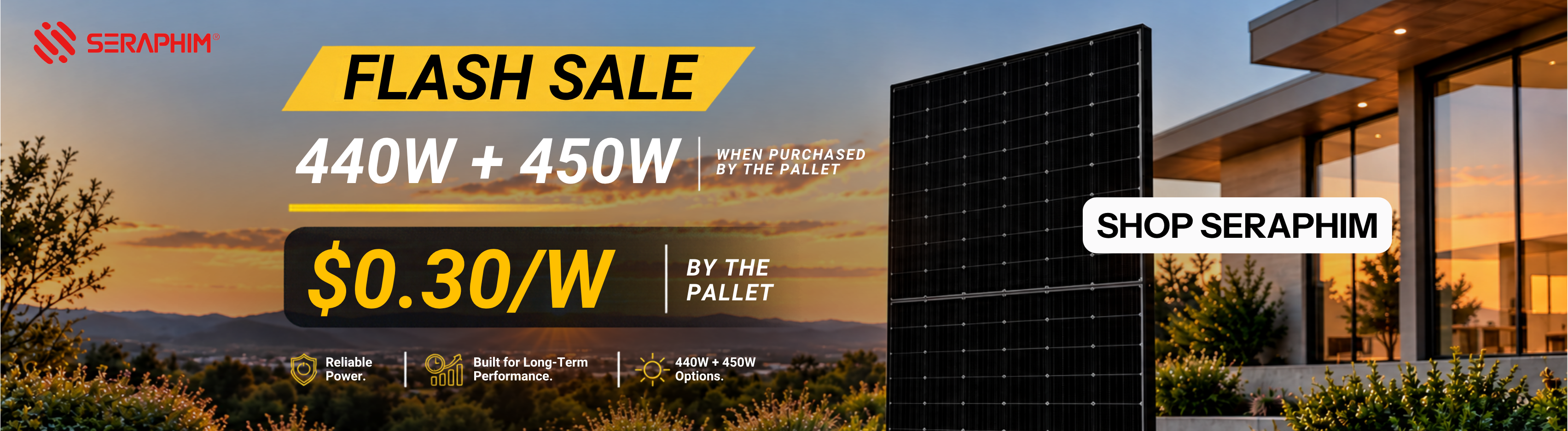 Seraphim Solar high-performance solar panels flash sale only $0.30 per watt when purchased by the pallet. Shop and save now!