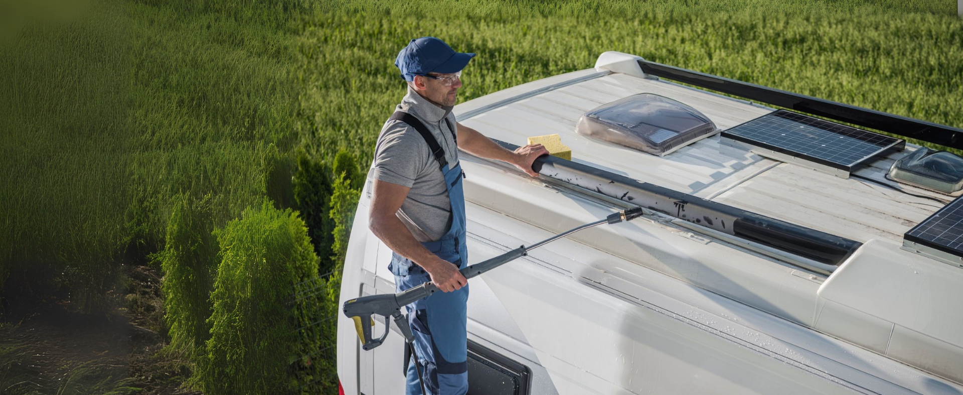 Man inspecting solar panels mounted on roof of van