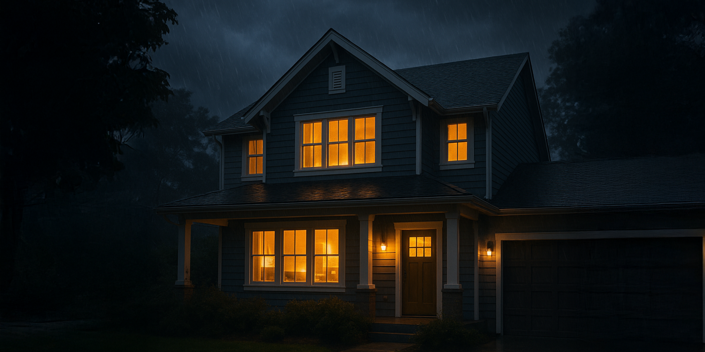 Dark spooky house with lights on inside and storm outside at night.