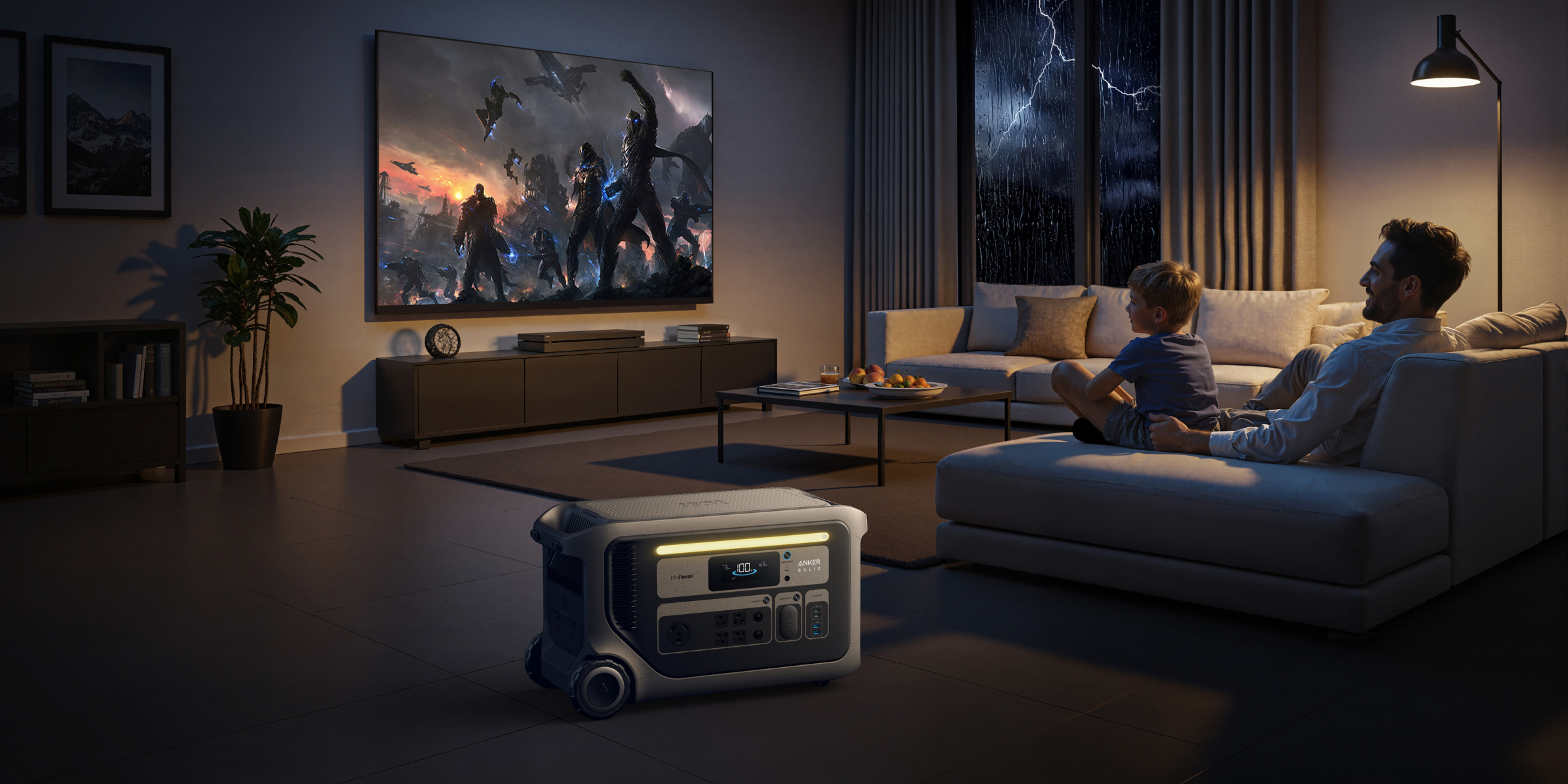 Family watching TV with storm outside using Anker portable power station inside.